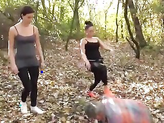 Amateur femdom dominates her slave in the woods of Austria